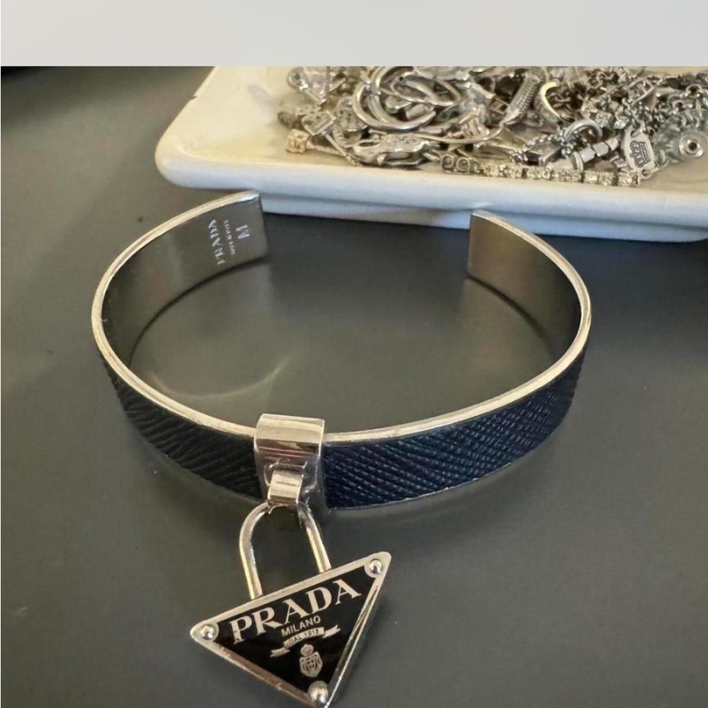 Prada Black and Silver Logo Bracelet